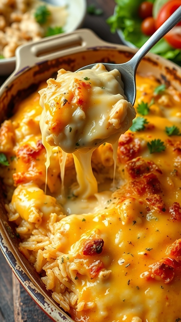 Cheesy Chicken and Rice Casserole A golden brown cheesy chicken and rice casserole in a baking dish, served with fresh herbs and a side salad.